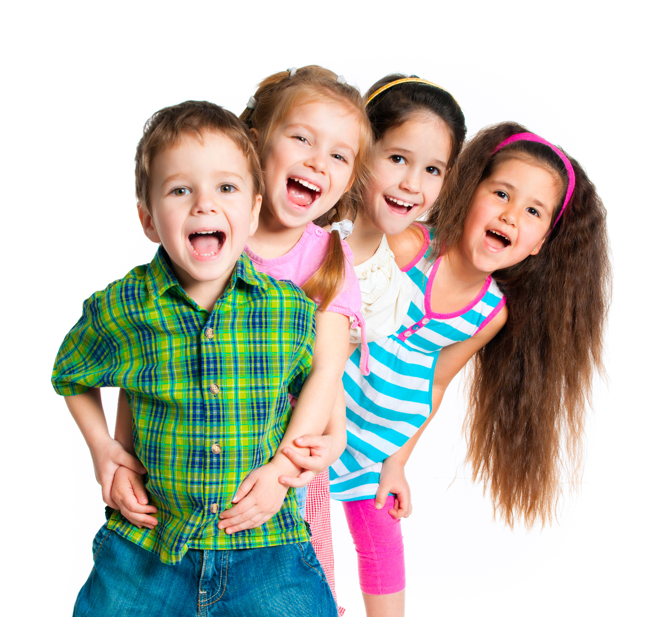 Four primary school children smiling